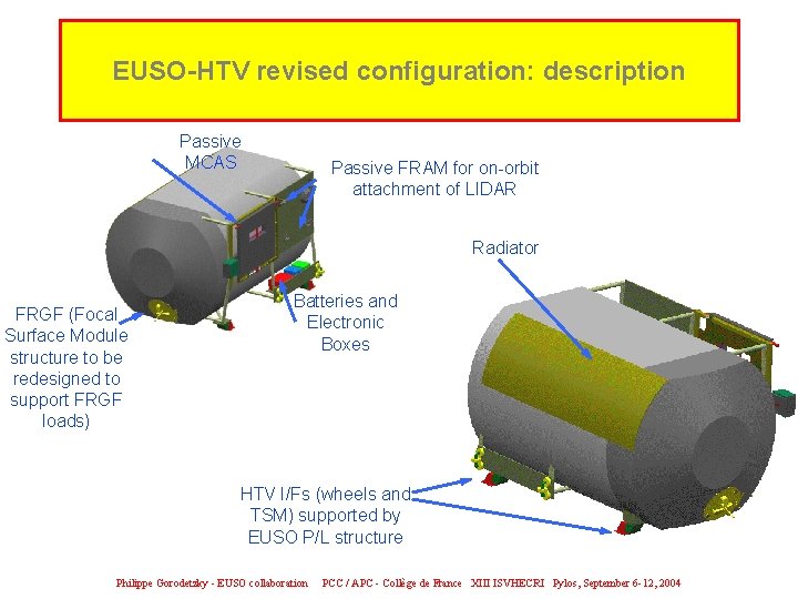 EUSO-HTV revised configuration: description Passive MCAS Passive FRAM for on-orbit attachment of LIDAR Radiator