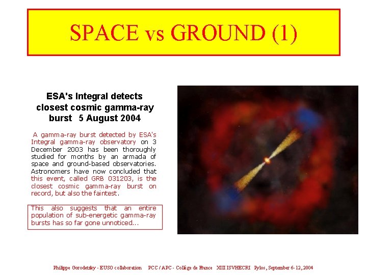 SPACE vs GROUND (1) ESA's Integral detects closest cosmic gamma-ray burst 5 August 2004