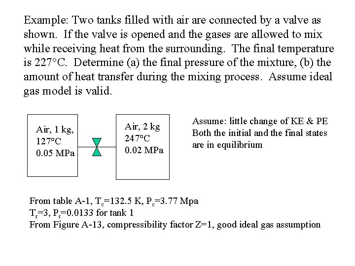 Example: Two tanks filled with air are connected by a valve as shown. If