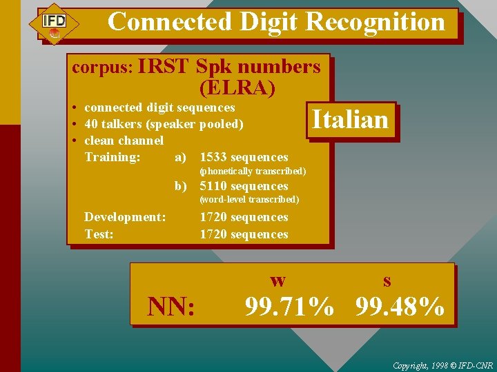 Connected Digit Recognition corpus: IRST Spk numbers (ELRA) • connected digit sequences • 40