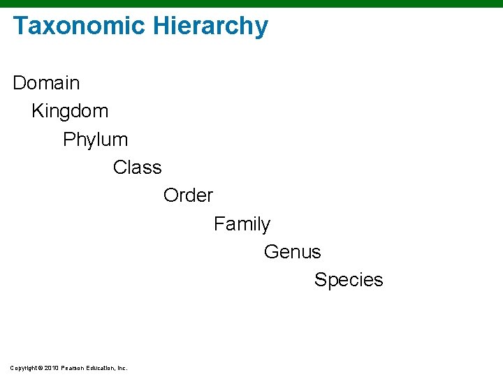 Taxonomic Hierarchy Domain Kingdom Phylum Class Order Family Genus Species Copyright © 2010 Pearson