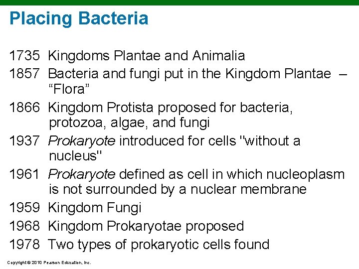 Placing Bacteria 1735 Kingdoms Plantae and Animalia 1857 Bacteria and fungi put in the