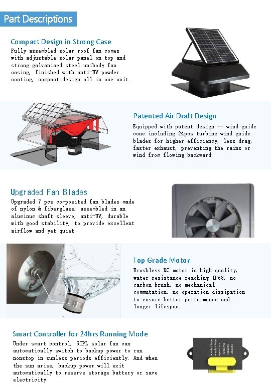 Part Descriptions Compact Design in Strong Case Fully assembled solar roof fan comes with
