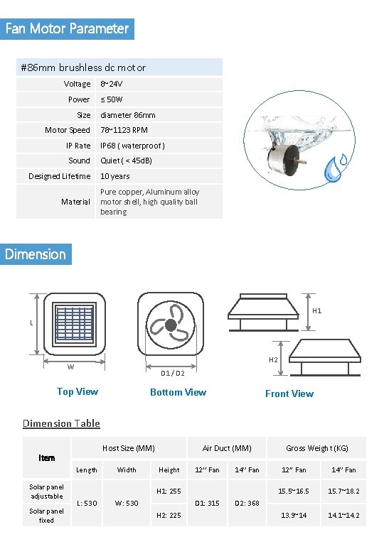 Fan Motor Parameter #86 mm brushless dc motor Voltage 8~24 V Power ≤ 50