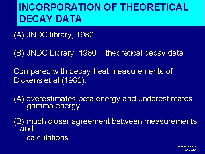 INCORPORATION OF THEORETICAL DECAY DATA (A) JNDC library, 1980 (B) JNDC Library, 1980 +