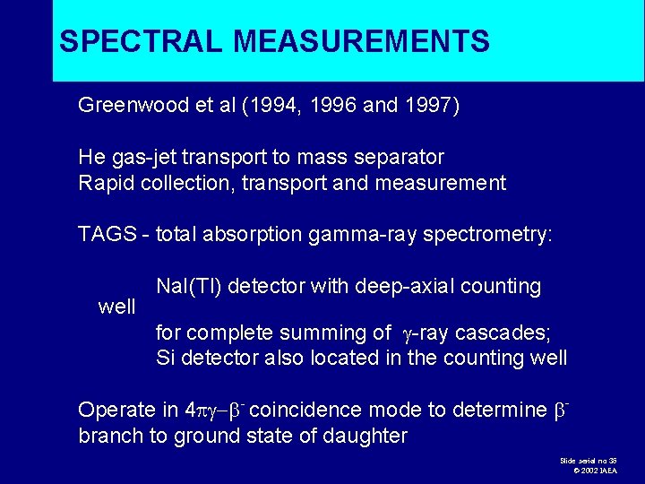 SPECTRAL MEASUREMENTS Greenwood et al (1994, 1996 and 1997) He gas-jet transport to mass