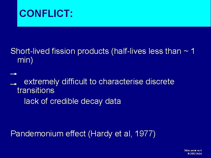 CONFLICT: Short-lived fission products (half-lives less than ~ 1 min) extremely difficult to characterise
