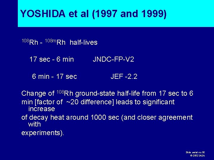 YOSHIDA et al (1997 and 1999) 108 Rh - 108 m. Rh half-lives 17