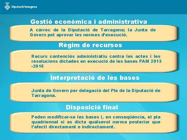 Gestió econòmica i administrativa A càrrec de la Diputació de Tarragona; la Junta de