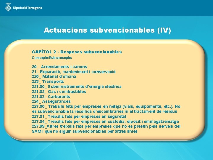 Actuacions subvencionables (IV) CAPÍTOL 2 - Despeses subvencionables Concepte/Subconcepte: 20 _ Arrendaments i cànons