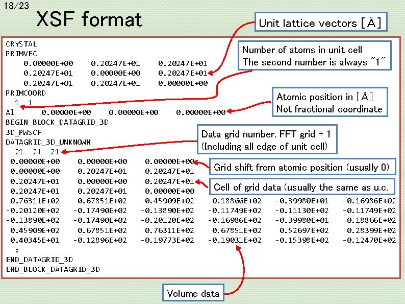 18/23 XSF format Unit lattice vectors [Å] CRYSTAL Number of atoms in unit cell