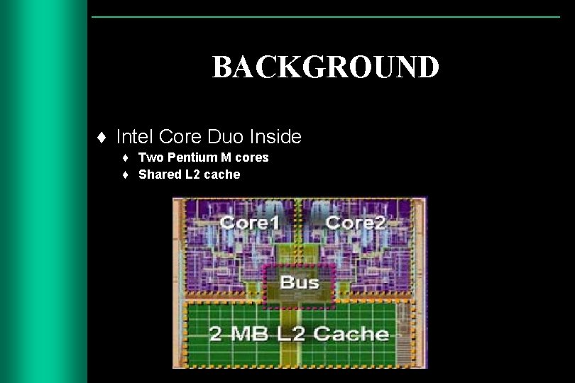 BACKGROUND ♦ Intel Core Duo Inside ♦ Two Pentium M cores ♦ Shared L