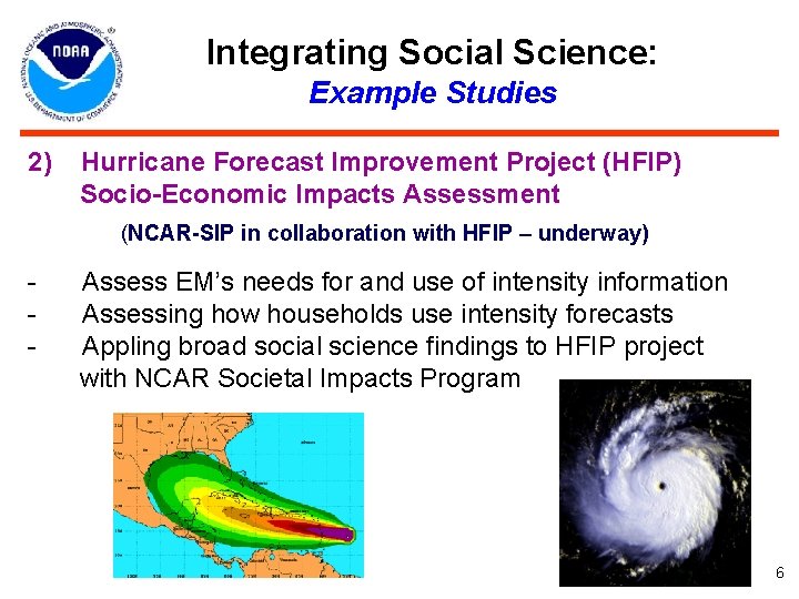 Integrating Social Science: Example Studies 2) Hurricane Forecast Improvement Project (HFIP) Socio-Economic Impacts Assessment