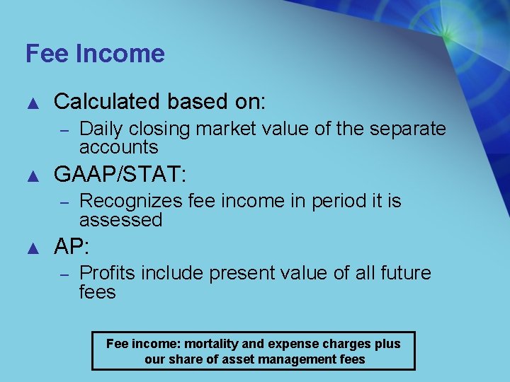 Fee Income ▲ Calculated based on: – ▲ GAAP/STAT: – ▲ Daily closing market