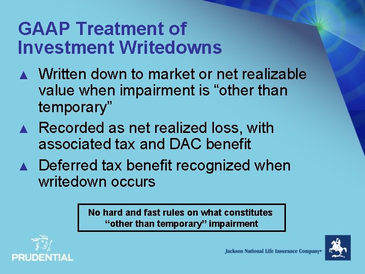 GAAP Treatment of Investment Writedowns ▲ ▲ ▲ Written down to market or net