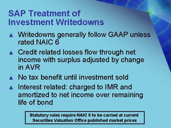 SAP Treatment of Investment Writedowns ▲ ▲ Writedowns generally follow GAAP unless rated NAIC