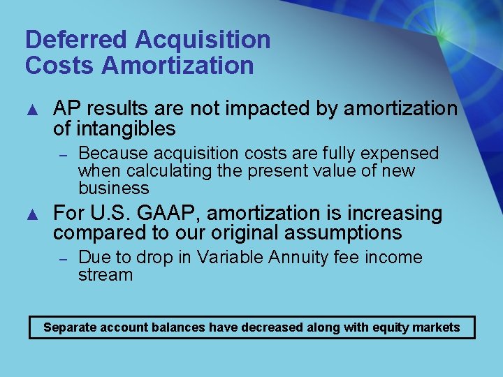 Deferred Acquisition Costs Amortization ▲ AP results are not impacted by amortization of intangibles