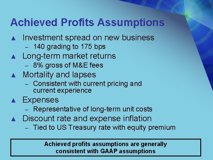 Achieved Profits Assumptions ▲ Investment spread on new business – ▲ Long-term market returns