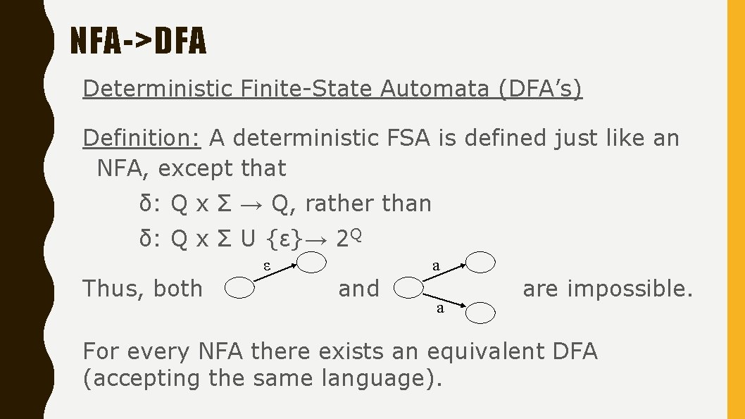 NFA->DFA Deterministic Finite-State Automata (DFA’s) Definition: A deterministic FSA is defined just like an