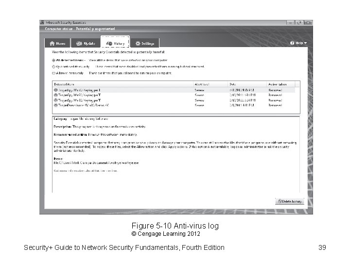 Figure 5 -10 Anti-virus log © Cengage Learning 2012 Security+ Guide to Network Security