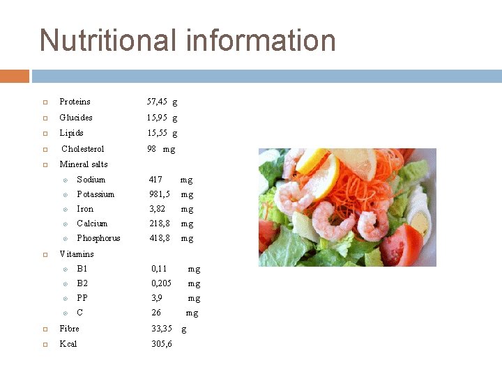 Nutritional information Proteins 57, 45 g Glucides 15, 95 g Lipids 15, 55 g