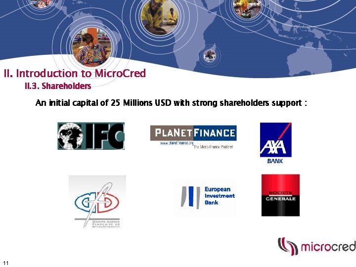 II. Introduction to Micro. Cred II. 3. Shareholders An initial capital of 25 Millions II. Introduction to Micro. Cred II. 3. Shareholders An initial capital of 25 Millions