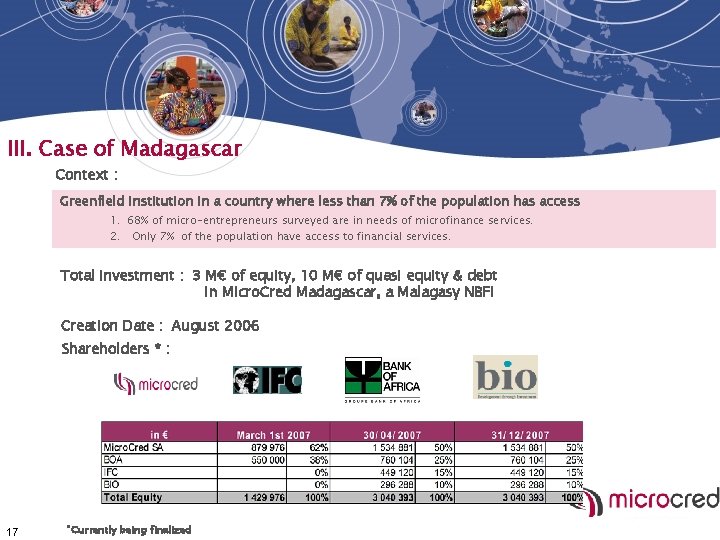 III. Case of Madagascar Context : Greenfield institution in a country where less than III. Case of Madagascar Context : Greenfield institution in a country where less than