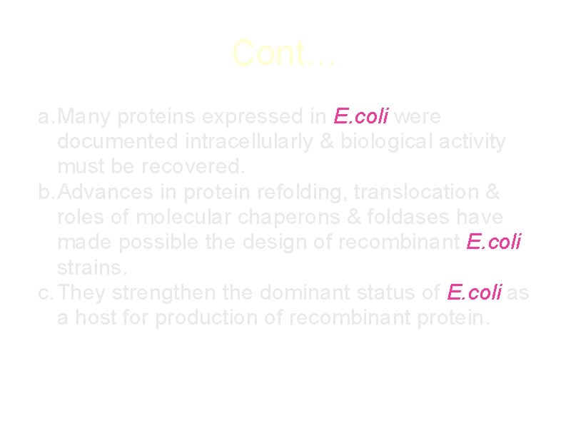 Cont… a. Many proteins expressed in E. coli were documented intracellularly & biological activity
