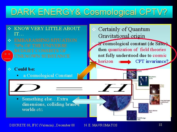 DARK ENERGY& Cosmological CPTV? KNOW VERY LITTLE ABOUT IT… v EMBARASSING SITUATION 74% OF