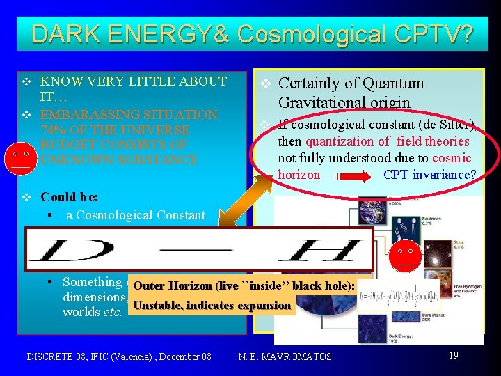 DARK ENERGY& Cosmological CPTV? KNOW VERY LITTLE ABOUT IT… v EMBARASSING SITUATION 74% OF