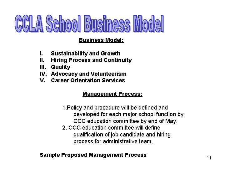 Business Model: I. III. IV. V. Sustainability and Growth Hiring Process and Continuity Quality