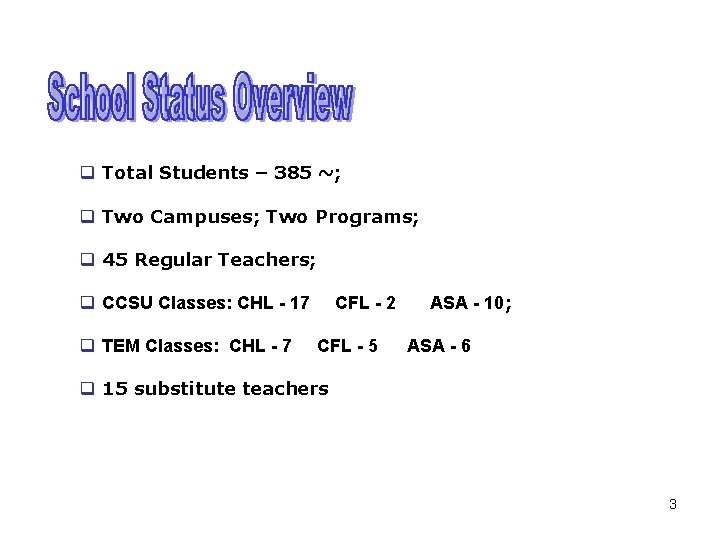 q Total Students – 385 ~; q Two Campuses; Two Programs; q 45 Regular