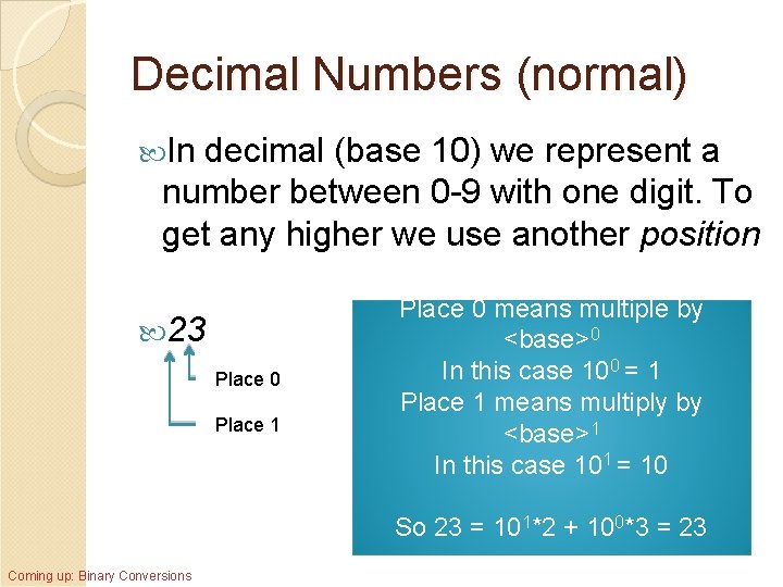 Decimal Numbers (normal) In decimal (base 10) we represent a number between 0 -9