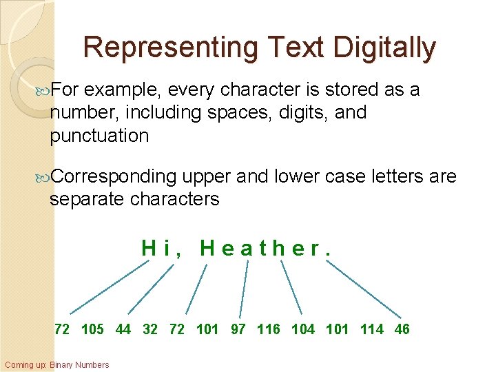 Representing Text Digitally For example, every character is stored as a number, including spaces,