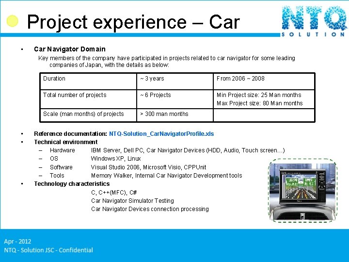 Project experience – Car • Car Navigator Domain Key members of the company have Project experience – Car • Car Navigator Domain Key members of the company have