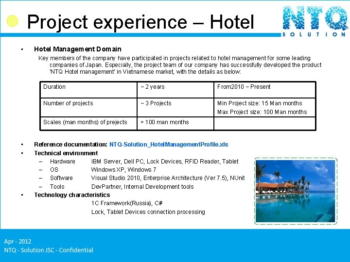 Project experience – Hotel • Hotel Management Domain Key members of the company have Project experience – Hotel • Hotel Management Domain Key members of the company have