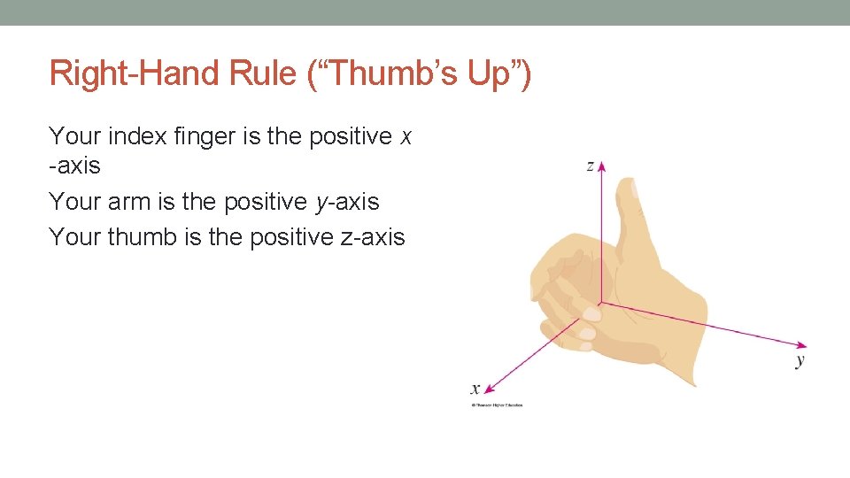 Right-Hand Rule (“Thumb’s Up”) Your index finger is the positive x -axis Your arm