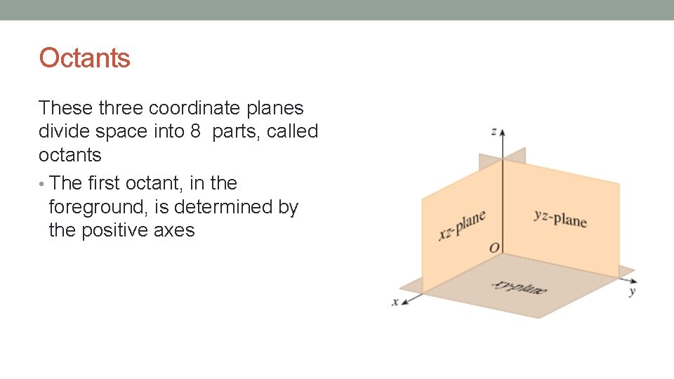 Octants These three coordinate planes divide space into 8 parts, called octants • The