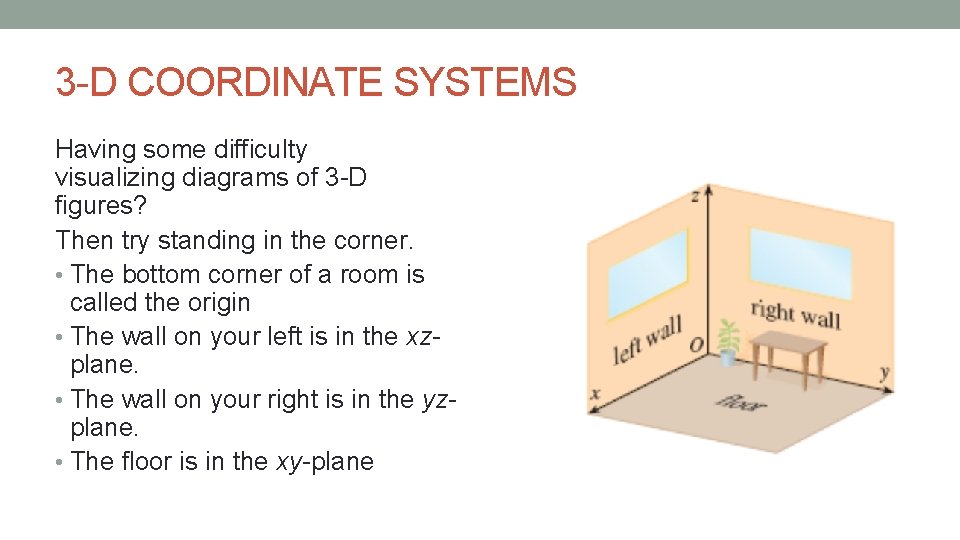 3 -D COORDINATE SYSTEMS Having some difficulty visualizing diagrams of 3 -D figures? Then