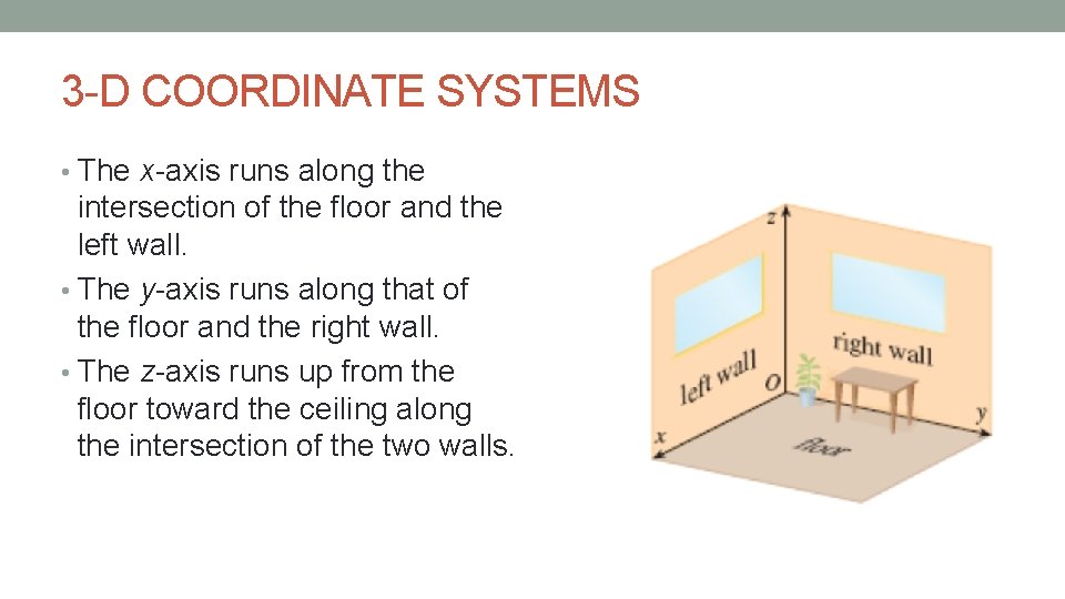 3 -D COORDINATE SYSTEMS • The x-axis runs along the intersection of the floor