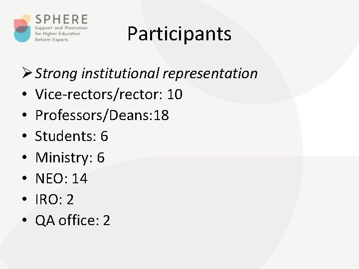 Participants Ø Strong institutional representation • Vice-rectors/rector: 10 • Professors/Deans: 18 • Students: 6