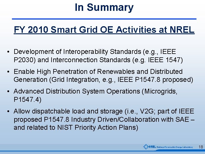 In Summary FY 2010 Smart Grid OE Activities at NREL • Development of Interoperability