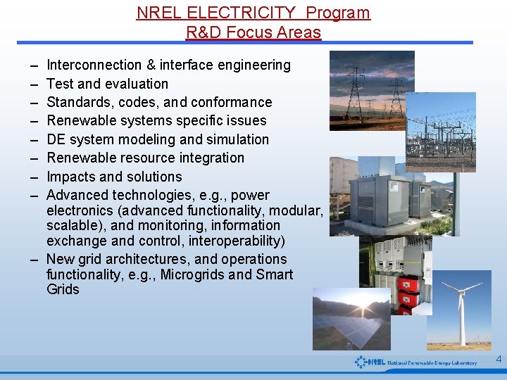 NREL ELECTRICITY Program R&D Focus Areas – – – – Interconnection & interface engineering NREL ELECTRICITY Program R&D Focus Areas – – – – Interconnection & interface engineering