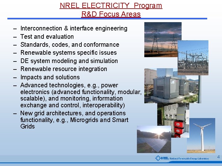 NREL ELECTRICITY Program R&D Focus Areas – – – – Interconnection & interface engineering