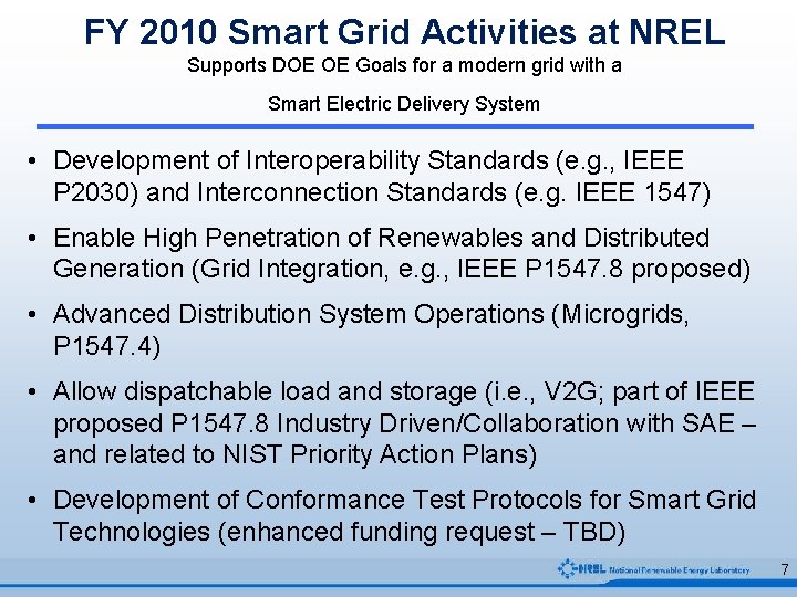 FY 2010 Smart Grid Activities at NREL Supports DOE OE Goals for a modern