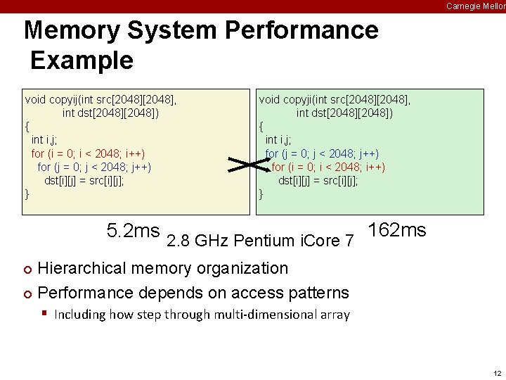 Carnegie Mellon Memory System Performance Example void copyij(int src[2048], int dst[2048]) { int i,