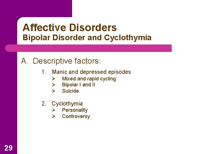 Affective Disorders Bipolar Disorder and Cyclothymia A. Descriptive factors: 1. Manic and depressed episodes