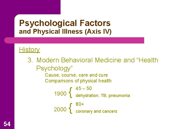 Psychological Factors and Physical Illness (Axis IV) History 3. Modern Behavioral Medicine and “Health