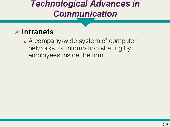 Technological Advances in Communication Ø Intranets ≈ A company-wide system of computer networks for