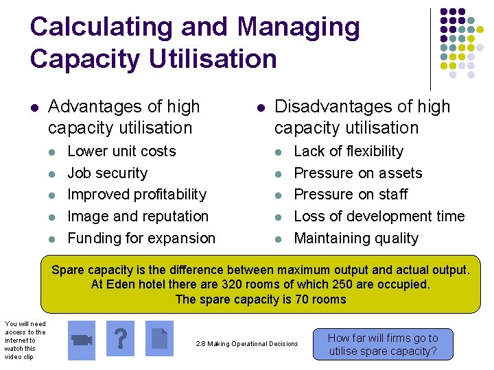 Calculating and Managing Capacity Utilisation l Advantages of high capacity utilisation l l l